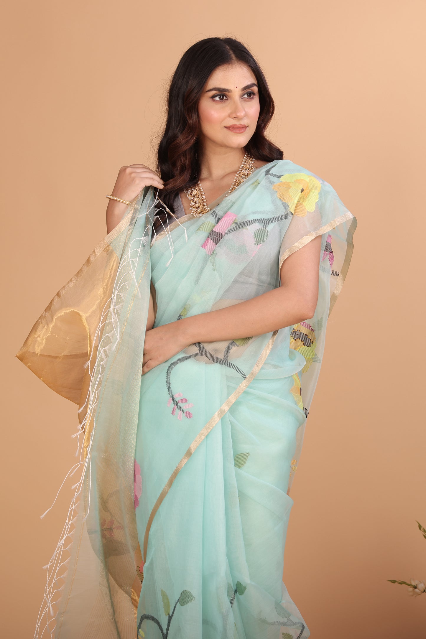 Handwoven Pure Jamdani Cotton Silk Saree  |  Seafoam Teal