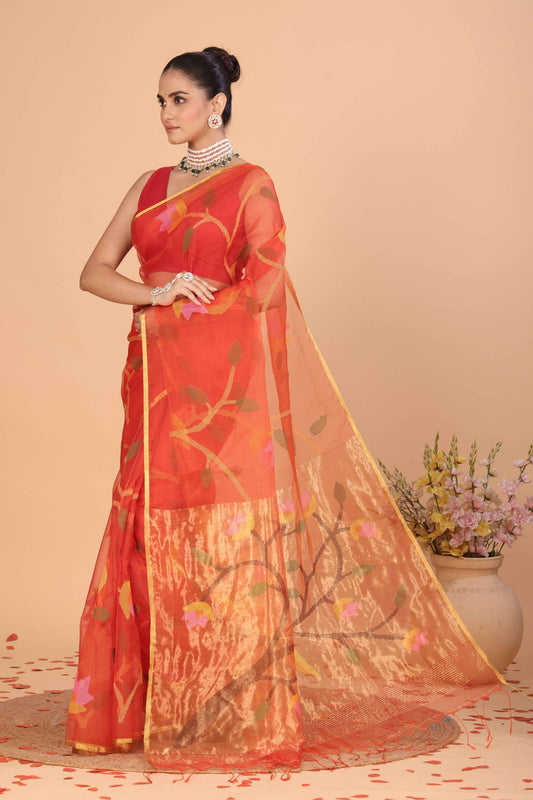 Handwoven Pure Jamdani Muslin Saree  |  Classic Red