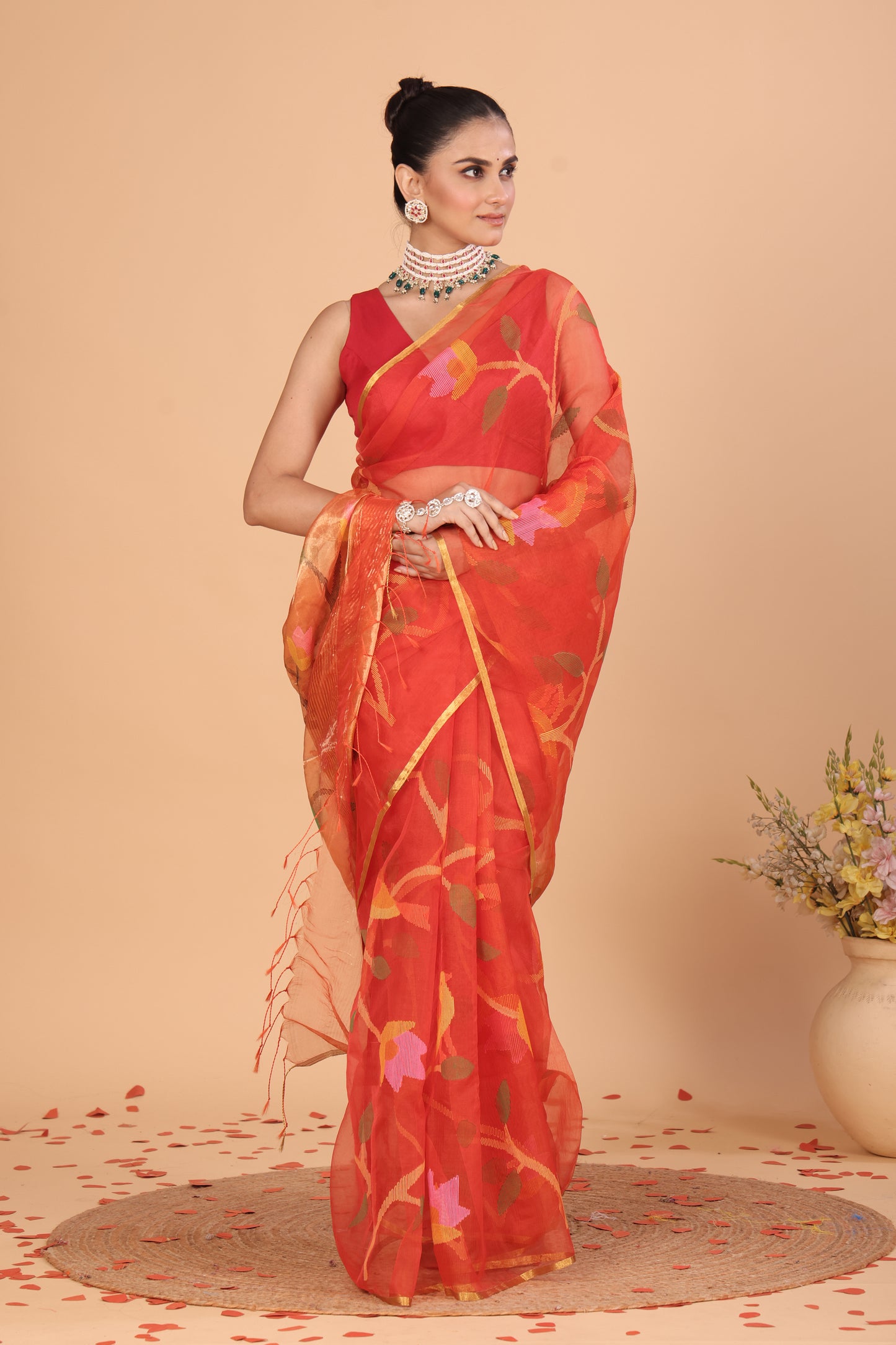 Muslin Tissue Jamdani Saree With Imperial Red - 127
