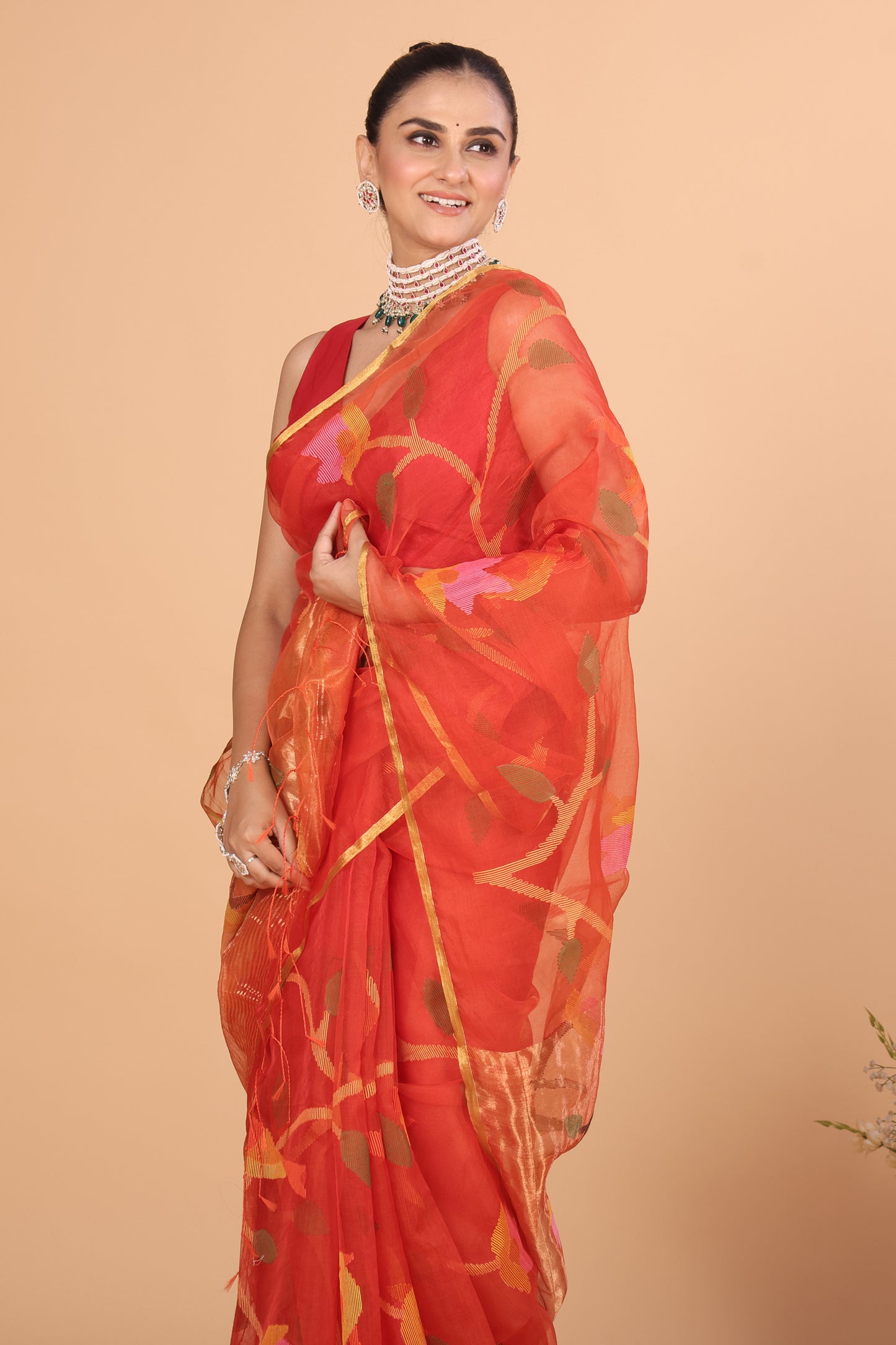 Muslin Tissue Jamdani Saree With Imperial Red - 127