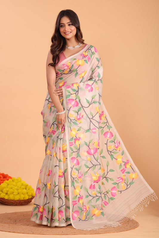 Handwoven Pure Jamdani Cotton Saree  |  Almond Beige