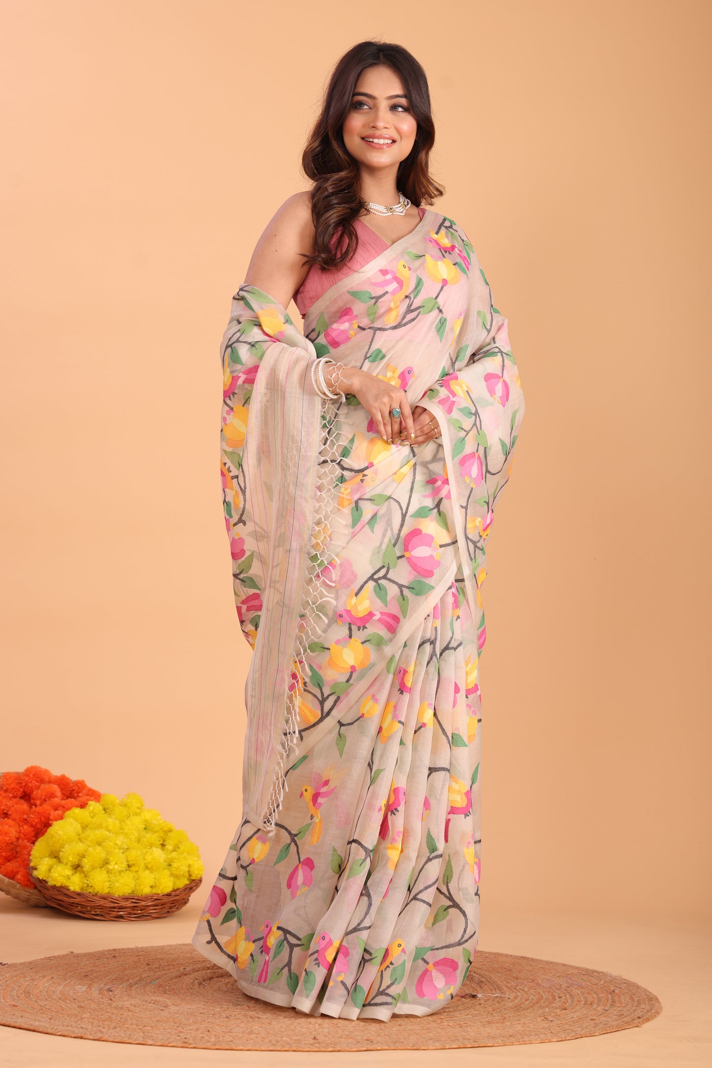Handwoven Pure Jamdani Cotton Saree  |  Almond Beige