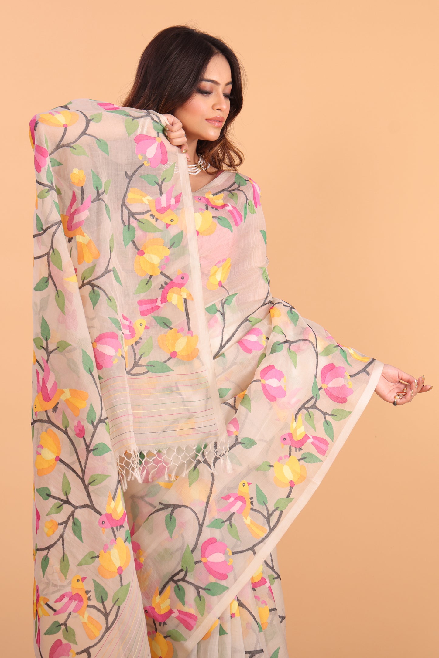 Handwoven Pure Jamdani Cotton Saree  |  Almond Beige