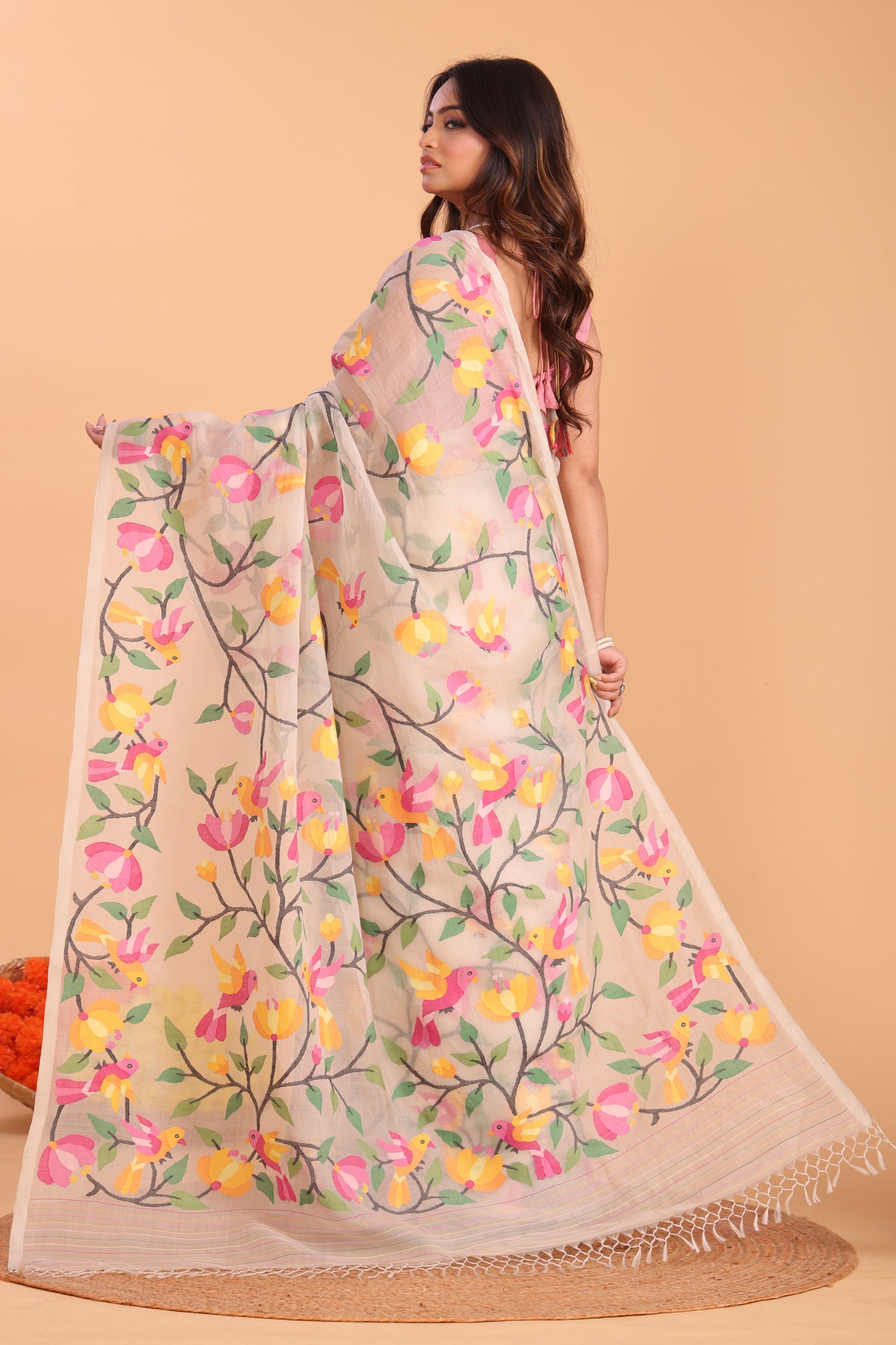 Handwoven Pure Jamdani Cotton Saree  |  Almond Beige