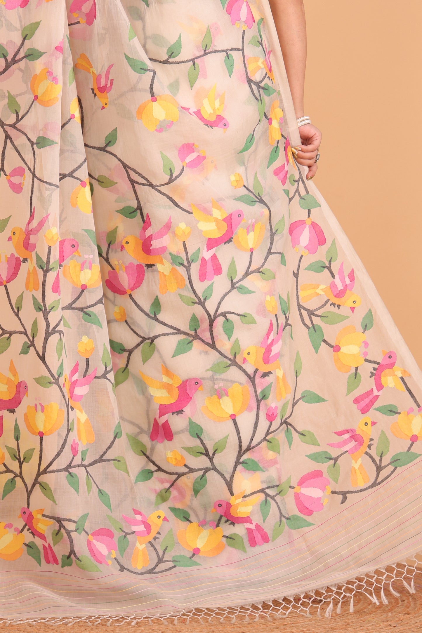 Handwoven Pure Jamdani Cotton Saree  |  Almond Beige