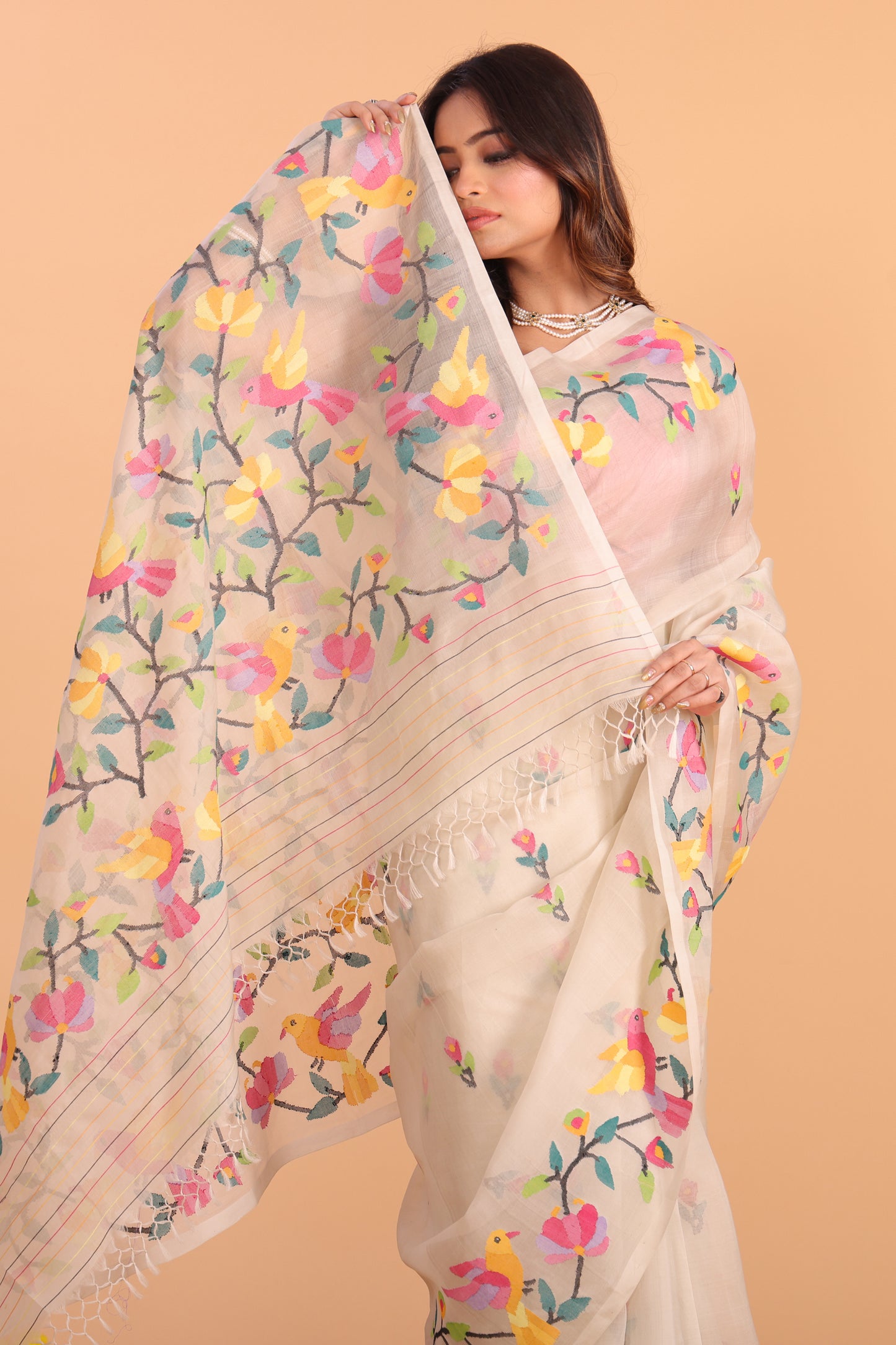 Handwoven Pure Jamdani Cotton Saree  |  Warm Ivory