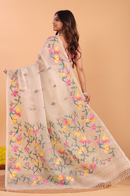 Handwoven Pure Jamdani Cotton Saree  |  Warm Ivory