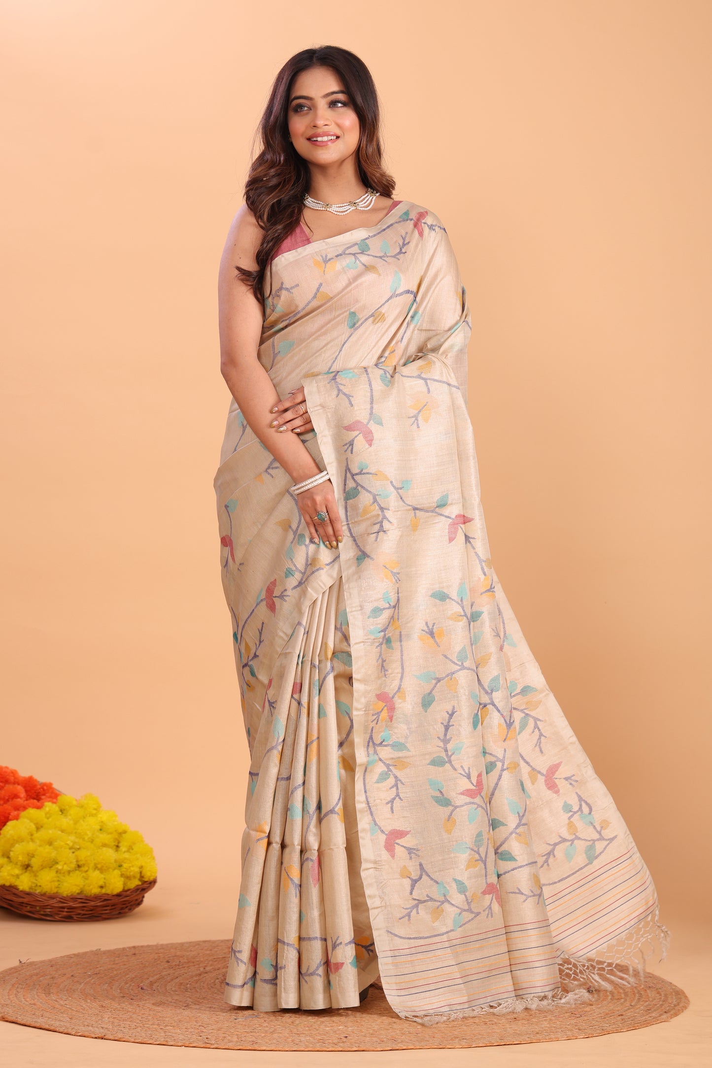 Tussar Jamdani Floral Saree With Burgundy Pale Brown - 160