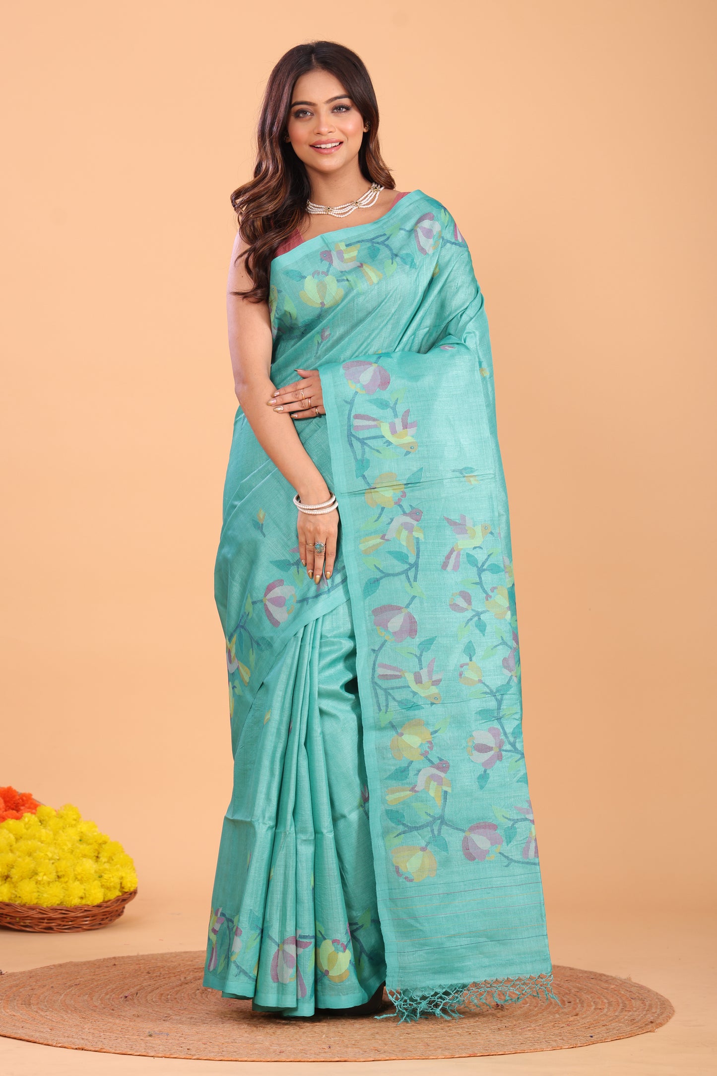 Handwoven Pure Jamdani Silk Saree  |  Turquoise Teal