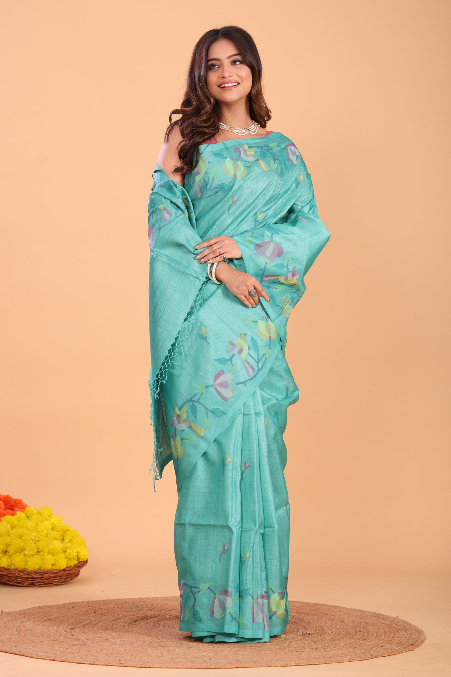 Handwoven Pure Jamdani Silk Saree  |  Turquoise Teal