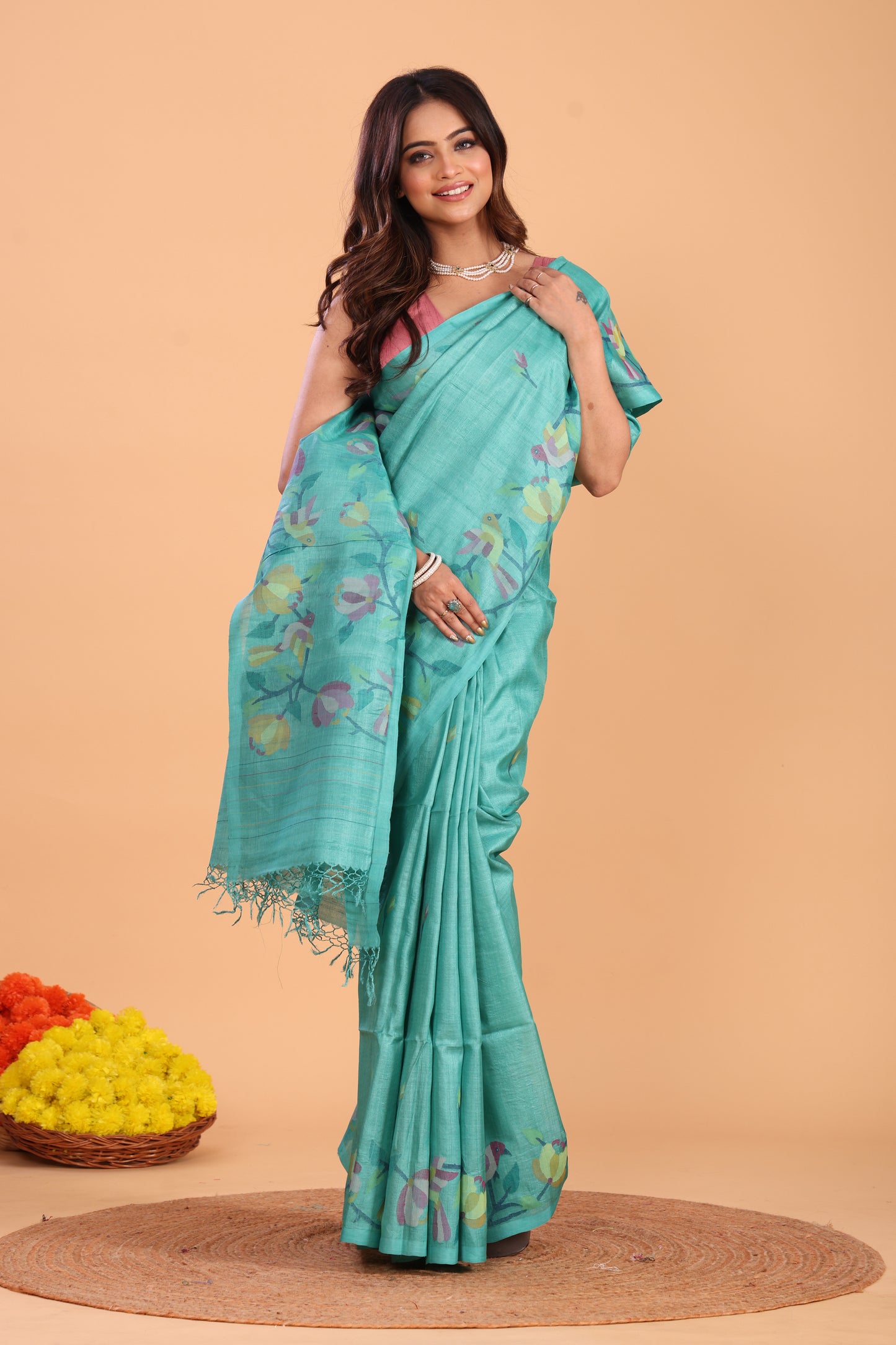 Handwoven Pure Jamdani Silk Saree  |  Turquoise Teal