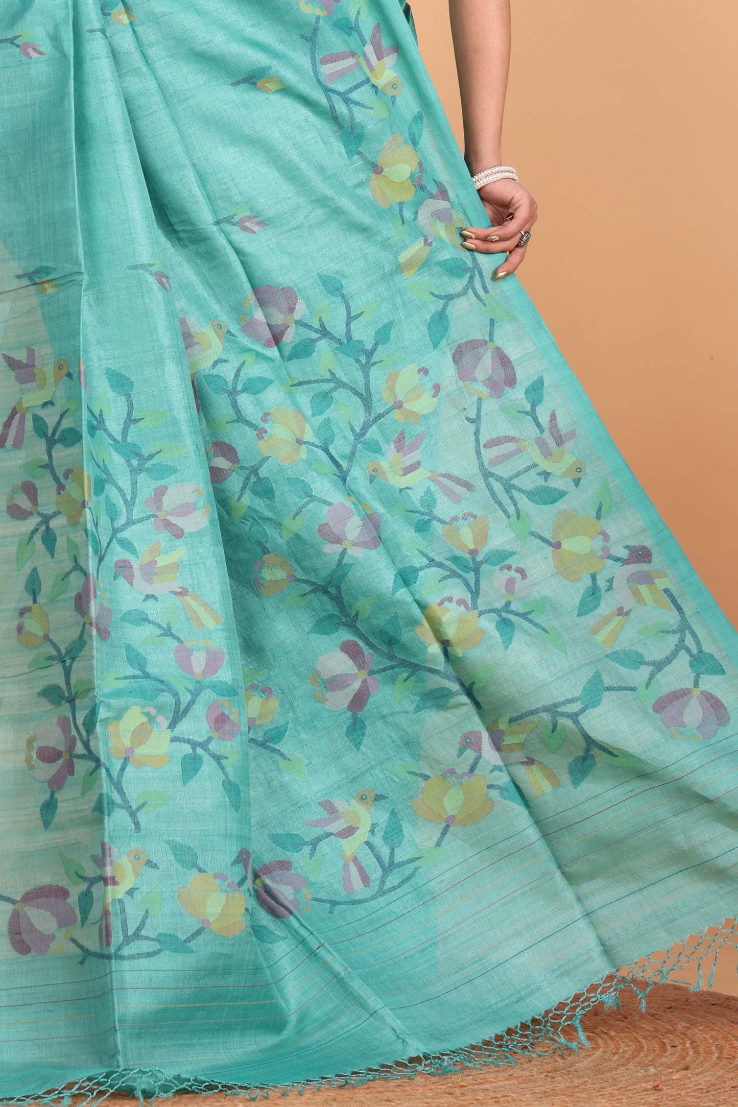 Handwoven Pure Jamdani Silk Saree  |  Turquoise Teal