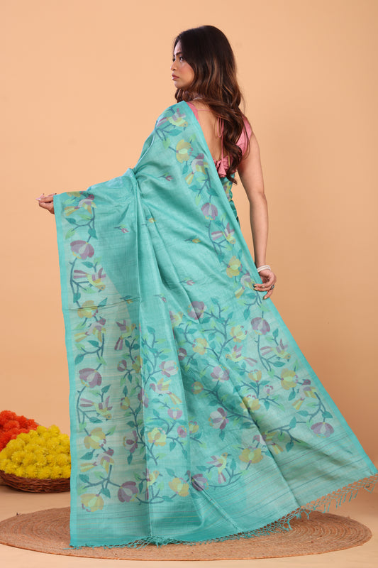 Handwoven Pure Jamdani Silk Saree  |  Turquoise Teal