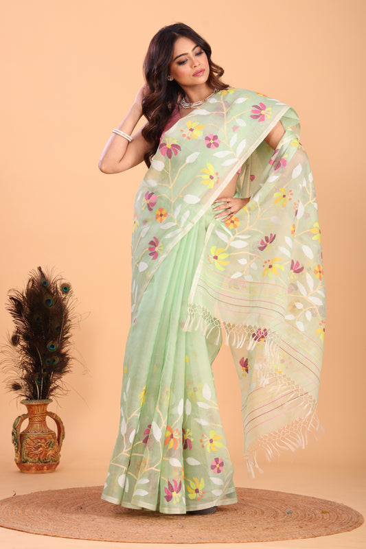 Handwoven Pure Jamdani Silk Saree  |  Sage Green
