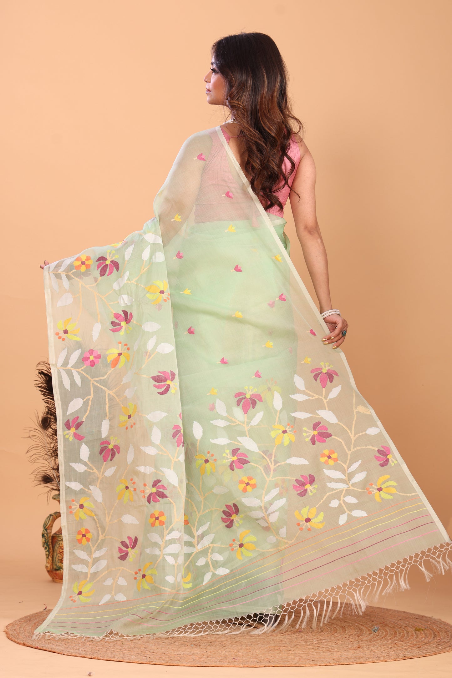 Handwoven Pure Jamdani Silk Saree  |  Sage Green