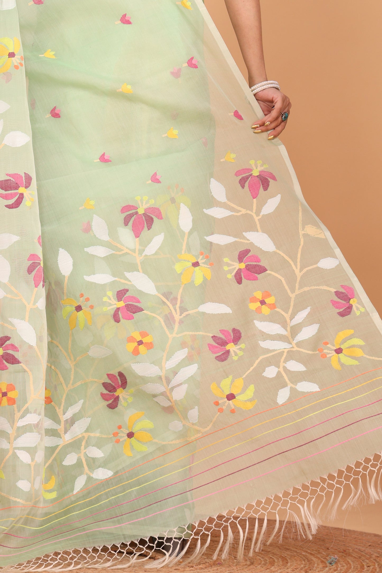 Handwoven Pure Jamdani Silk Saree  |  Sage Green