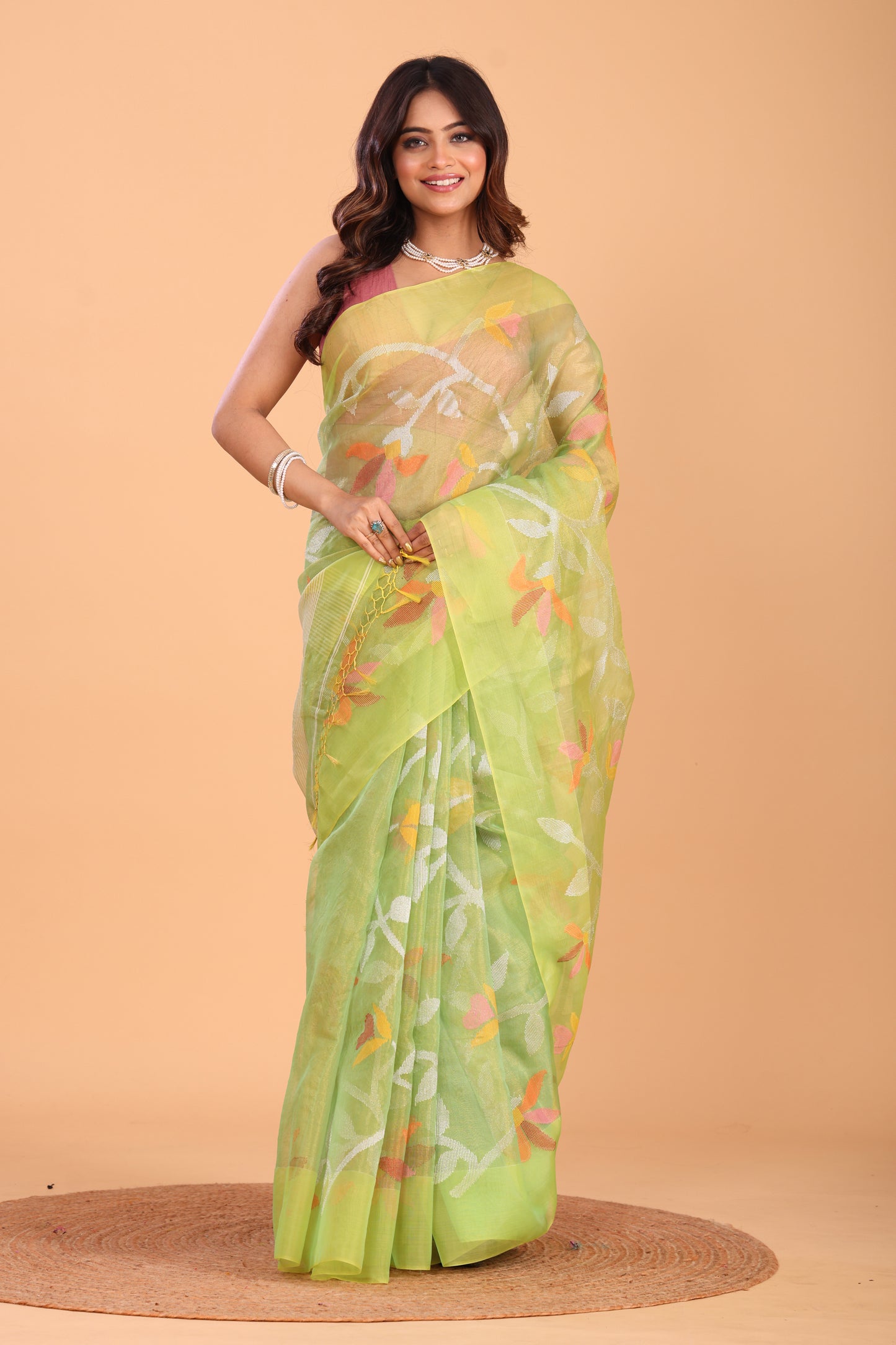 Handwoven Pure Jamdani Silk Saree  |  Lime Green