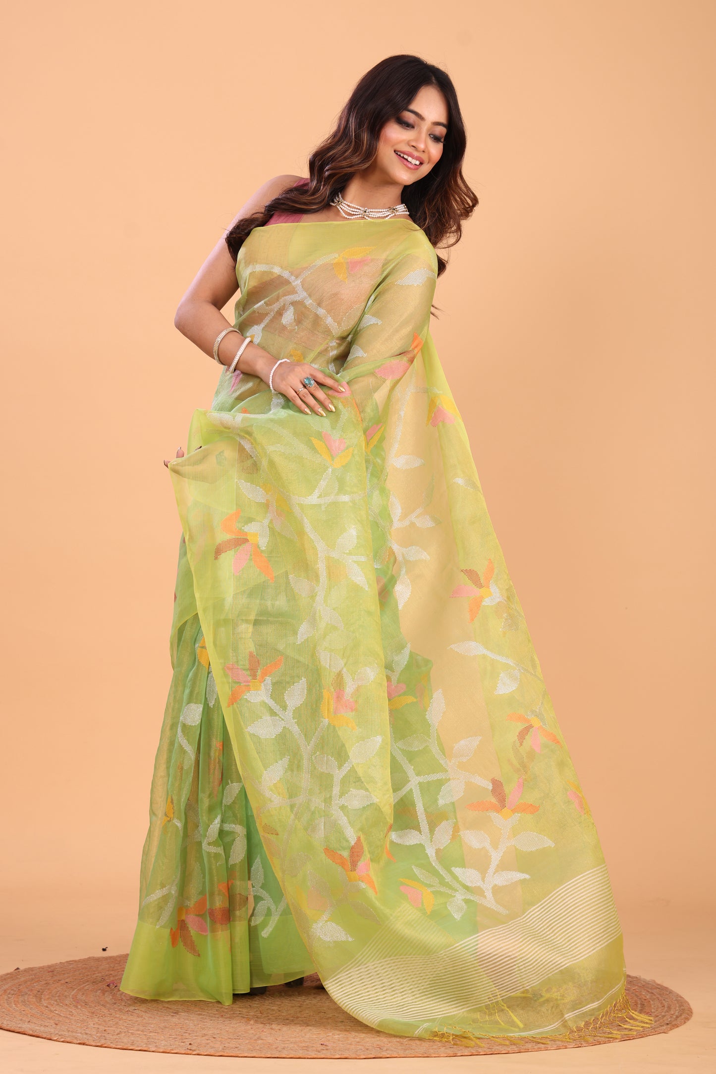 Handwoven Pure Jamdani Silk Saree  |  Lime Green