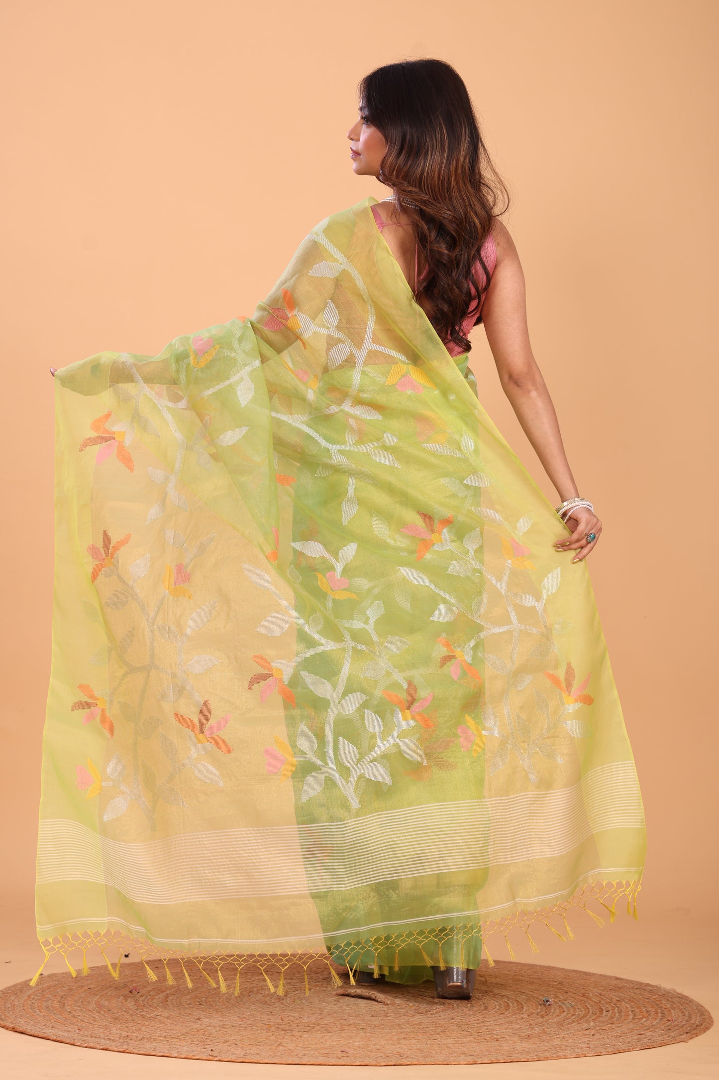 Handwoven Pure Jamdani Silk Saree  |  Lime Green