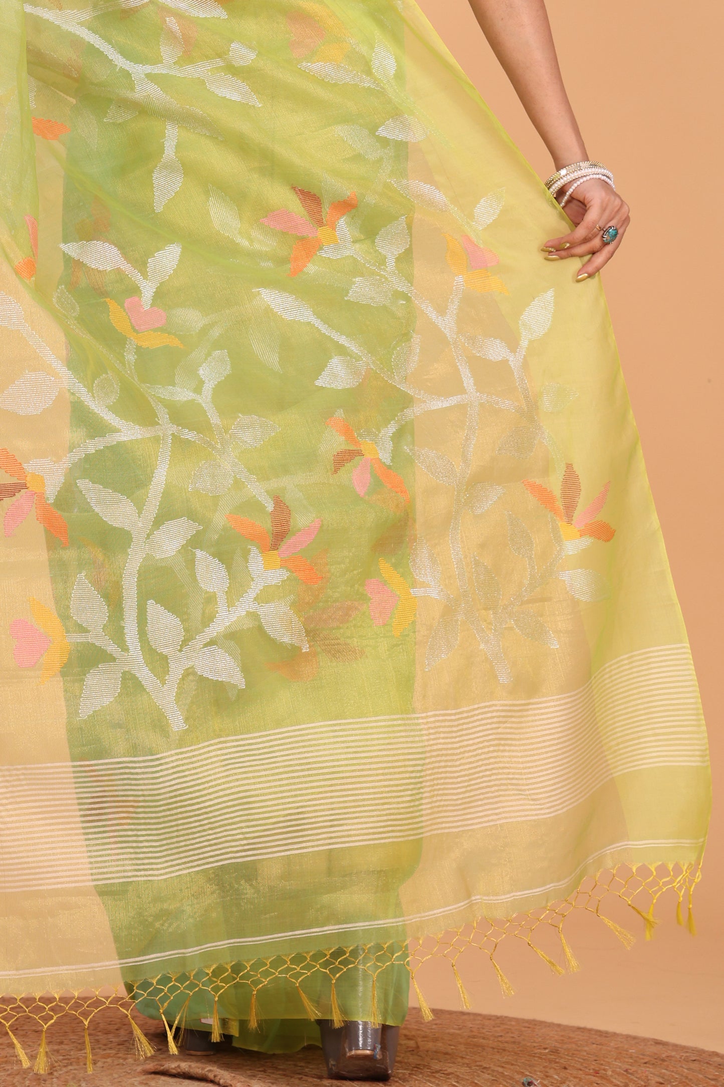 Handwoven Pure Jamdani Silk Saree  |  Lime Green