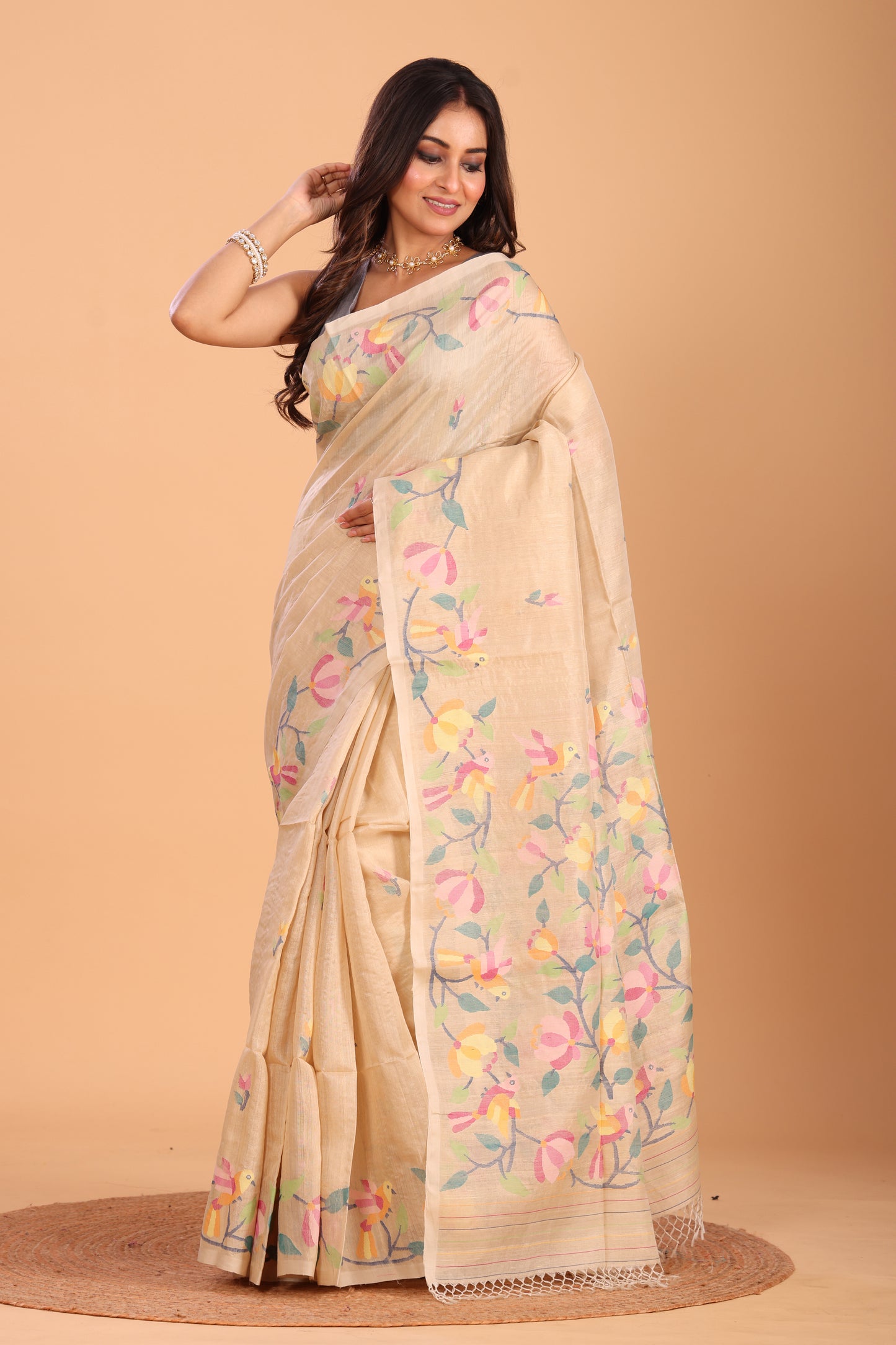 Handwoven Pure Jamdani Silk Saree  |  Champagne Beige