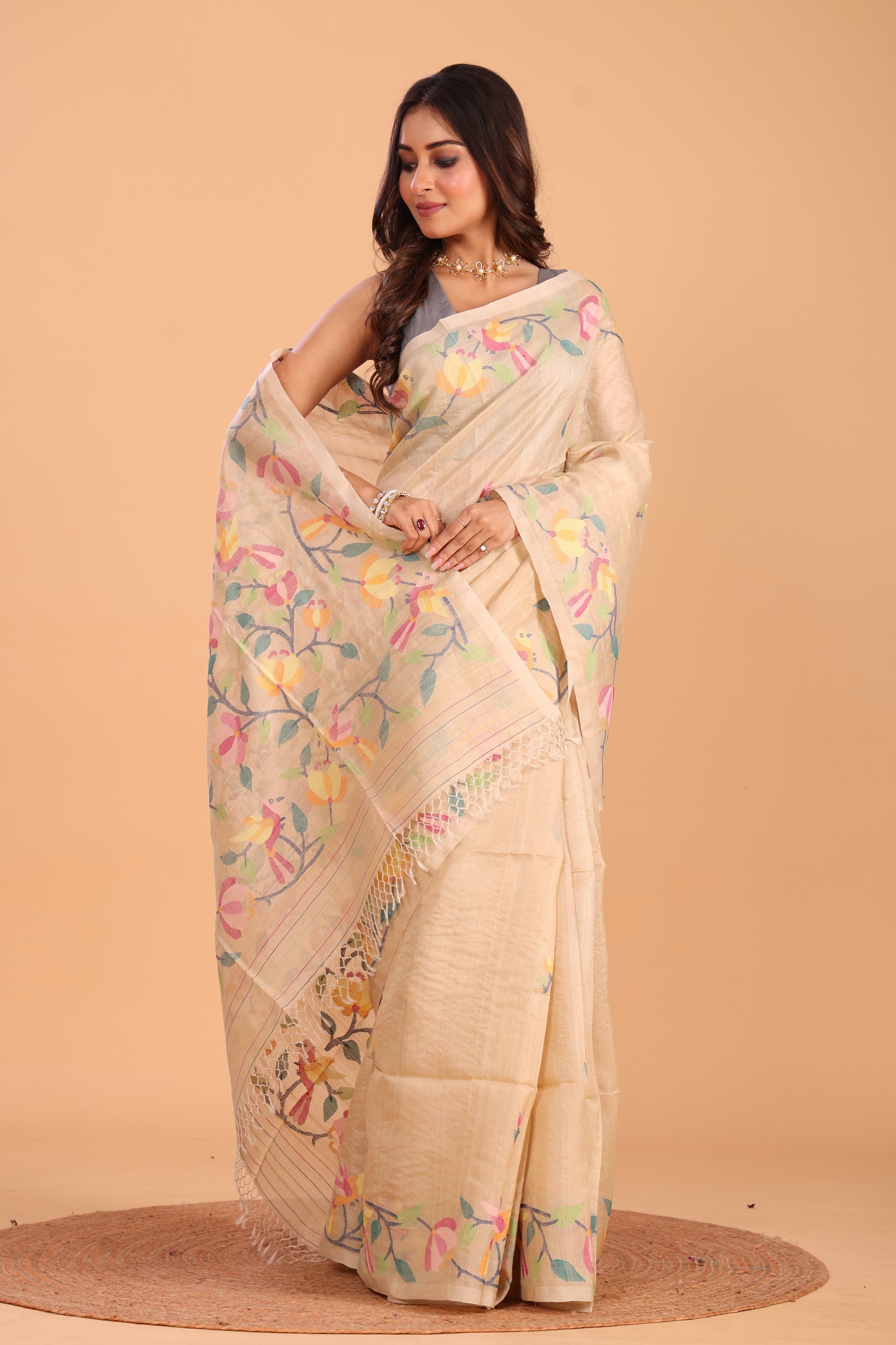 Handwoven Pure Jamdani Silk Saree  |  Champagne Beige