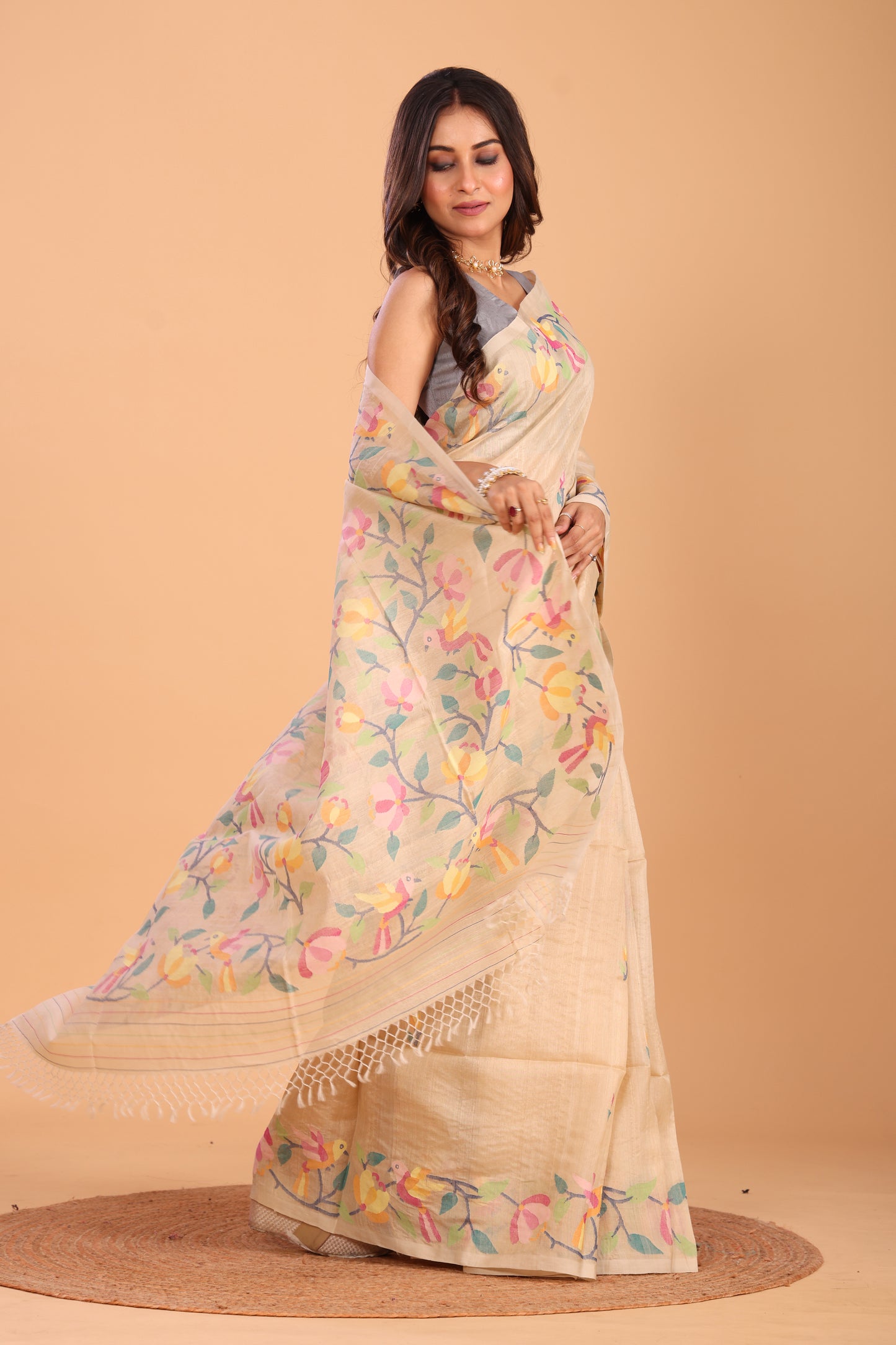 Handwoven Pure Jamdani Silk Saree  |  Champagne Beige