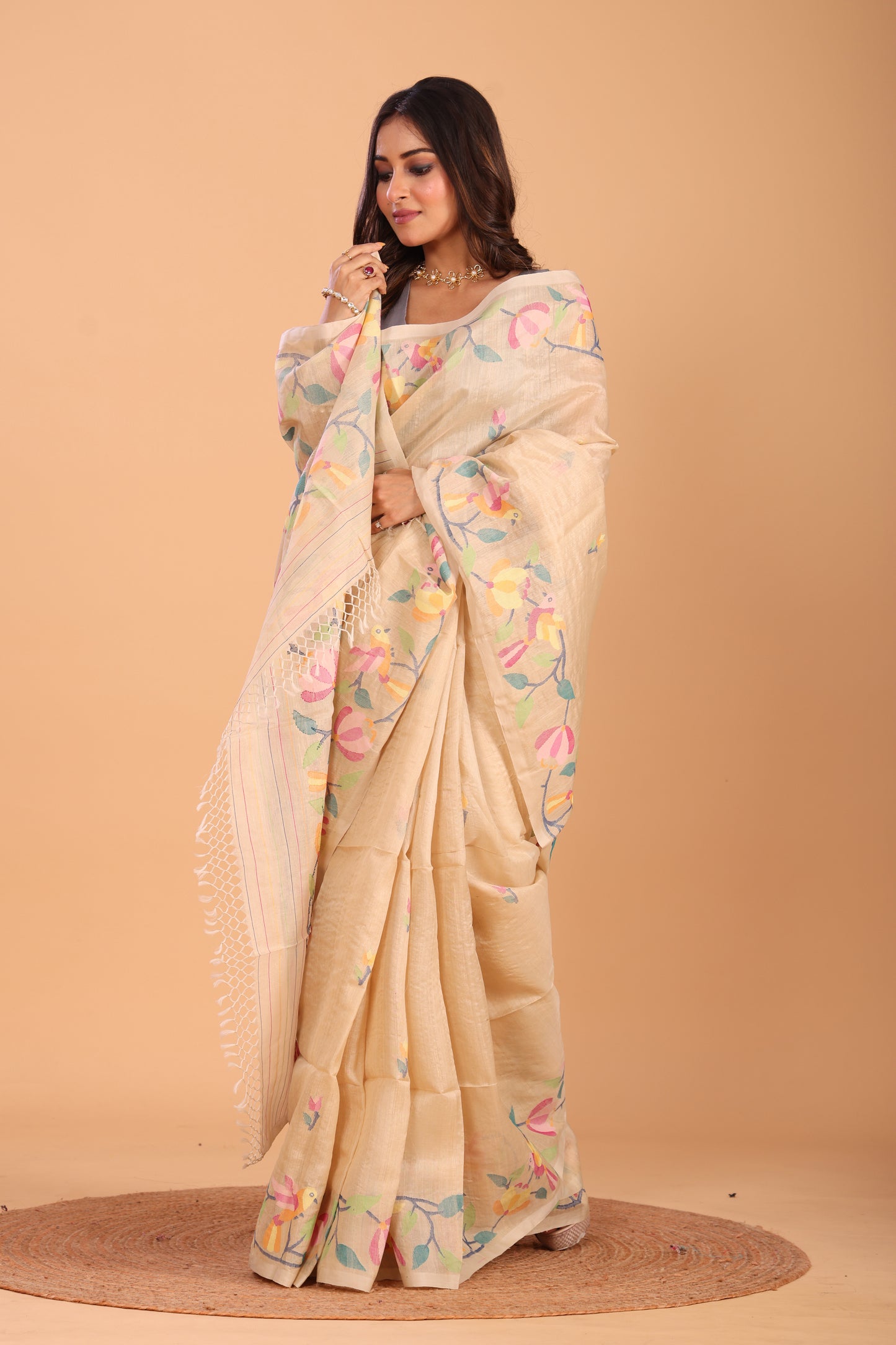 Handwoven Pure Jamdani Silk Saree  |  Champagne Beige
