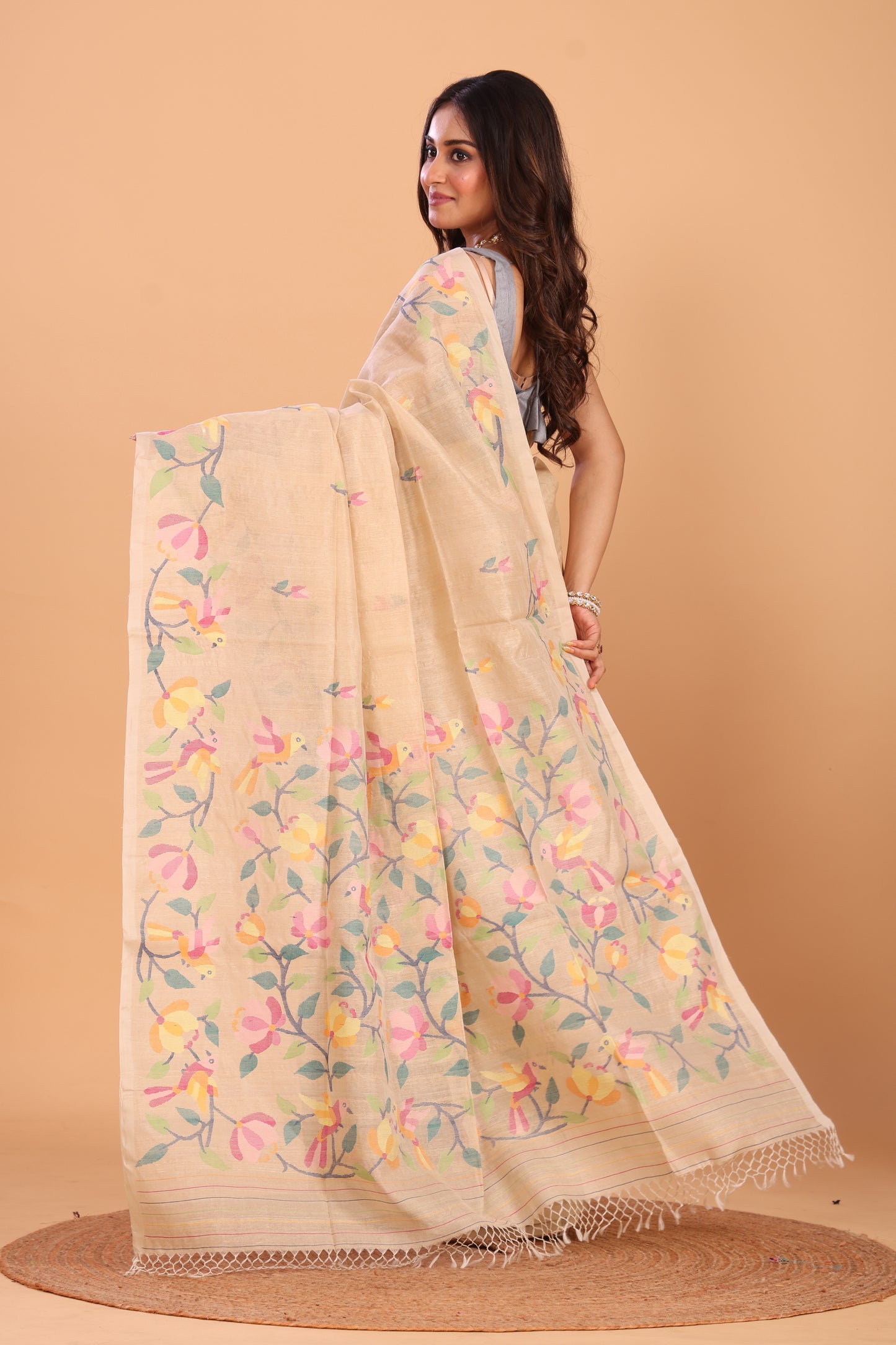 Handwoven Pure Jamdani Silk Saree  |  Champagne Beige