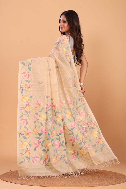 Handwoven Pure Jamdani Silk Saree  |  Champagne Beige