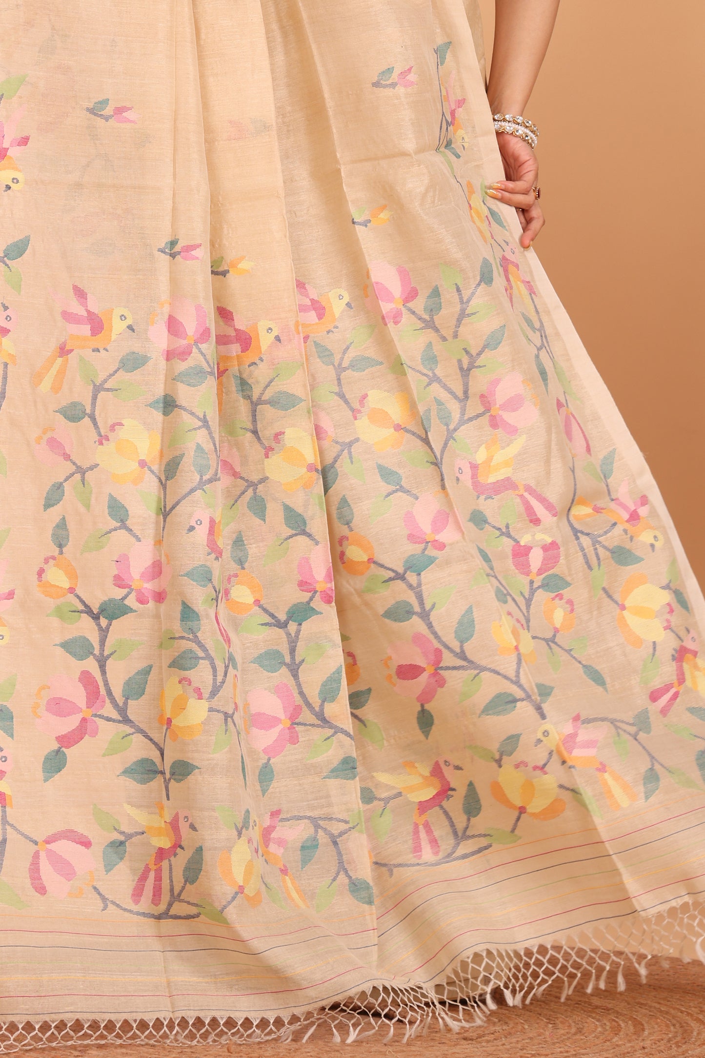 Handwoven Pure Jamdani Silk Saree  |  Champagne Beige