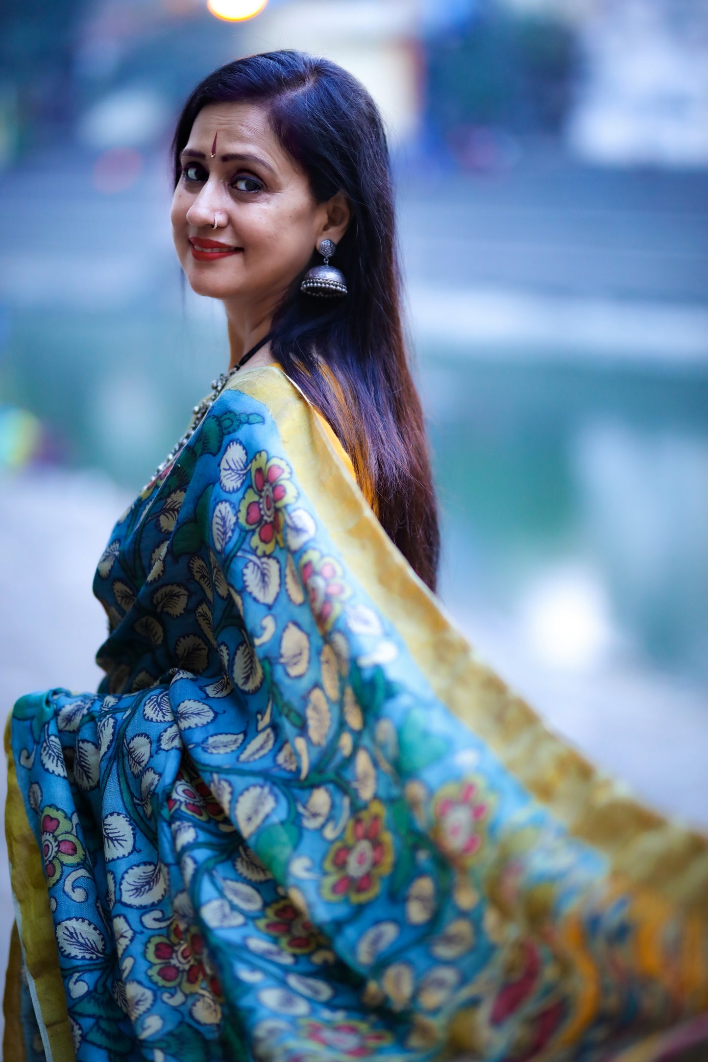 Sky Blue Floral Tussar Kalamkari Saree - 020