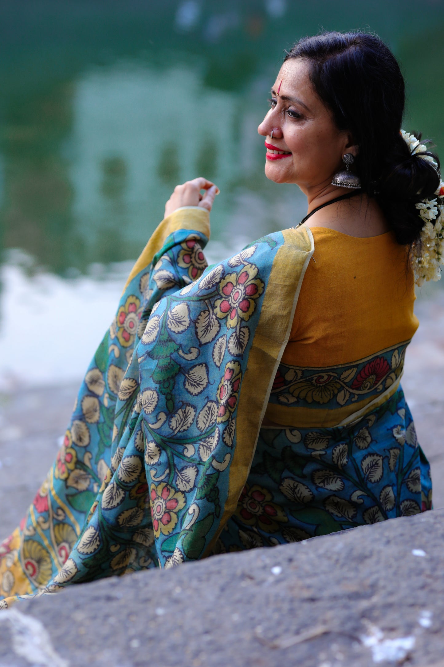 Sky Blue Floral Tussar Kalamkari Saree - 020