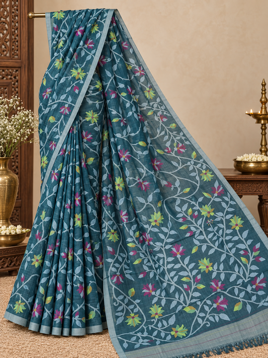 Handwoven Jamdani Muslin Saree | Deep Teal