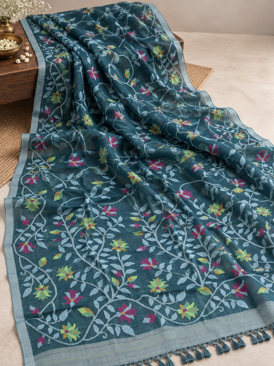Handwoven Jamdani Muslin Saree | Deep Teal
