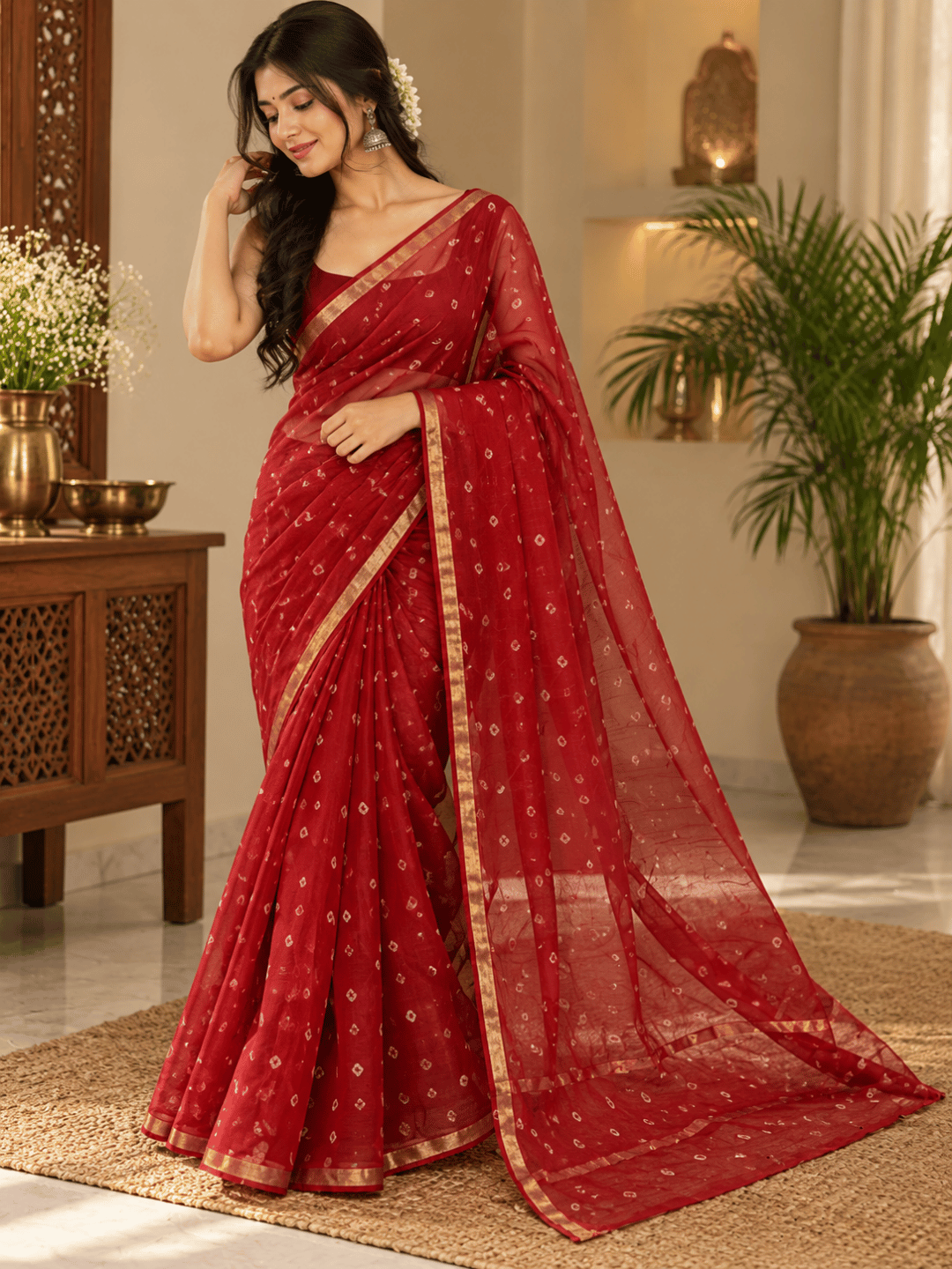 Classic Kota Doria Cotton Saree | Red