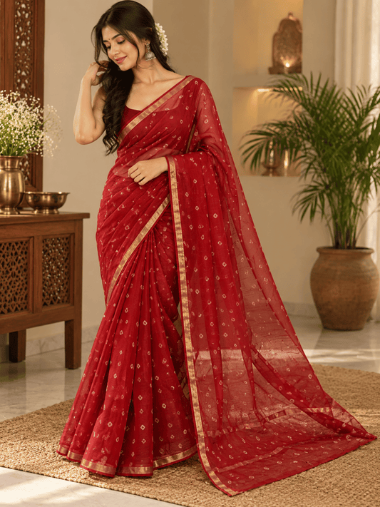 Classic Kota Doria Cotton Saree | Red