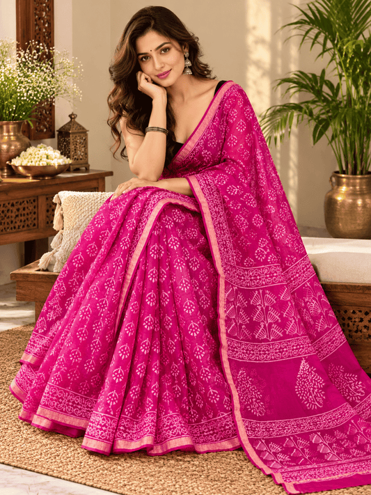 Classic Kota Doria Cotton Saree | Pink