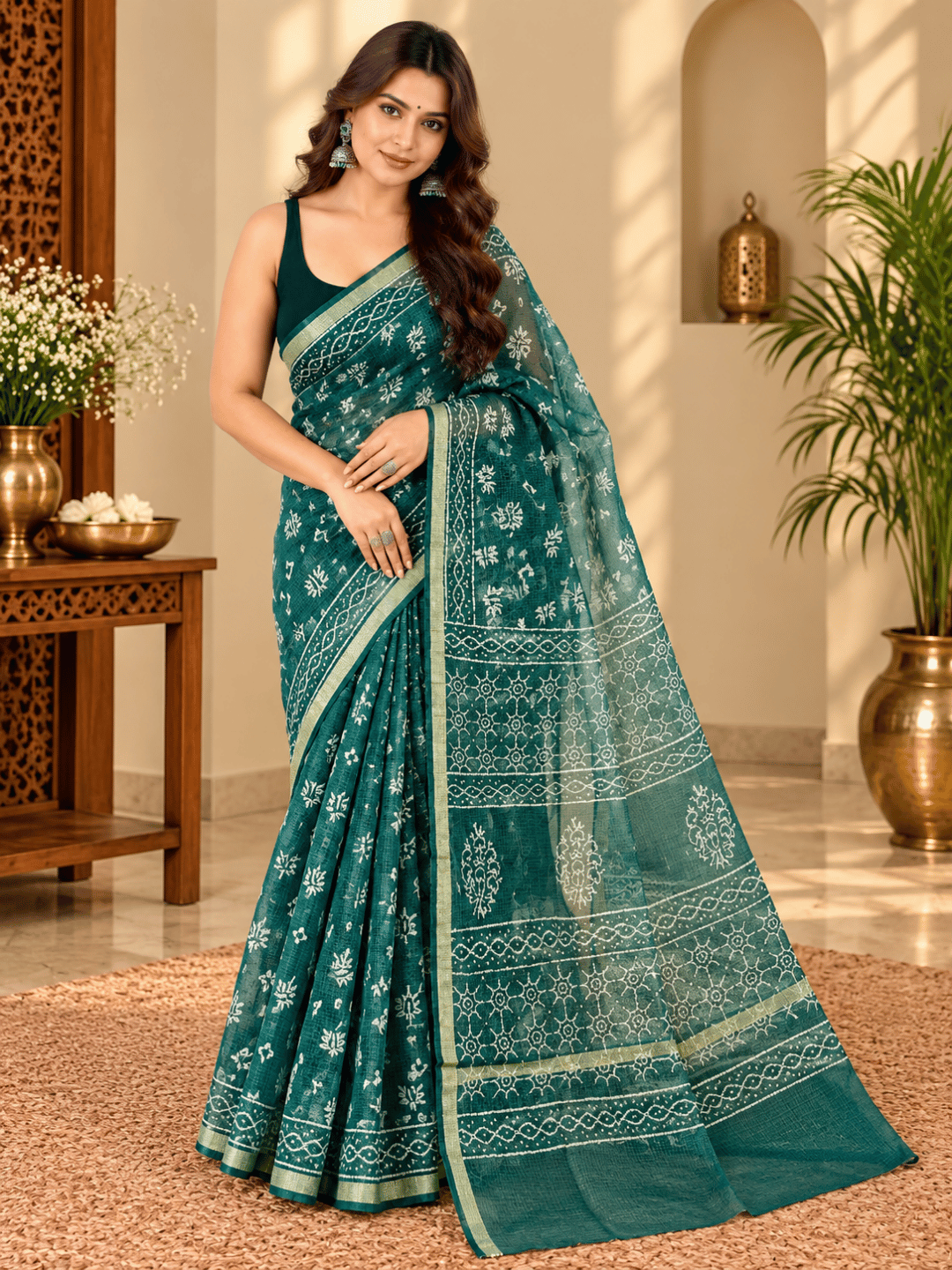 Classic Kota Doria Cotton Saree | Green