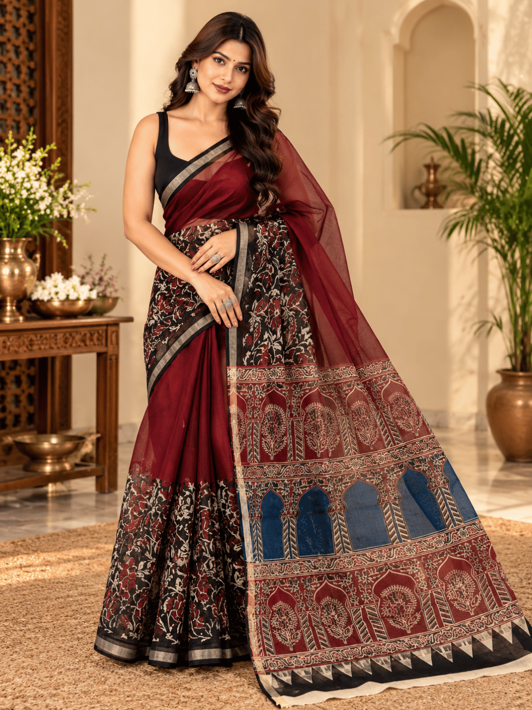 Classic Kota Doria Cotton Saree | Red