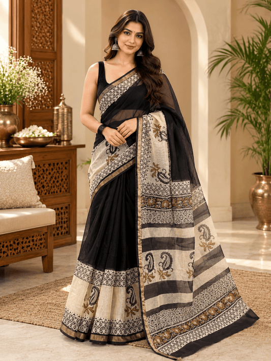 Classic Kota Doria Cotton Saree | Black