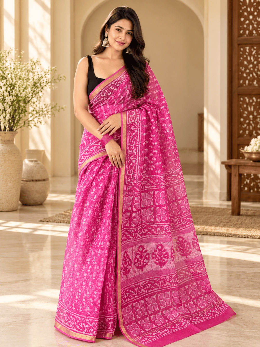 Classic Kota Doria Cotton Saree | Pink