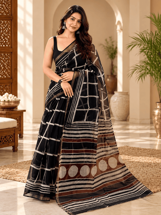 Classic Kota Doria Cotton Saree | Black