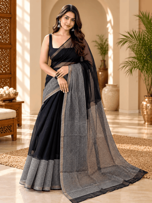 Classic Kota Doria Cotton Saree | Black