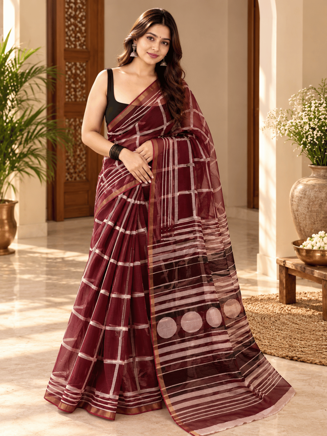 Classic Kota Doria Cotton Saree | Red