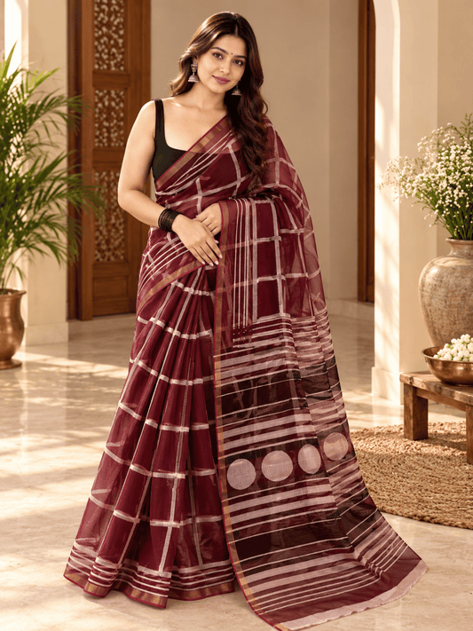 Classic Kota Doria Cotton Saree | Red