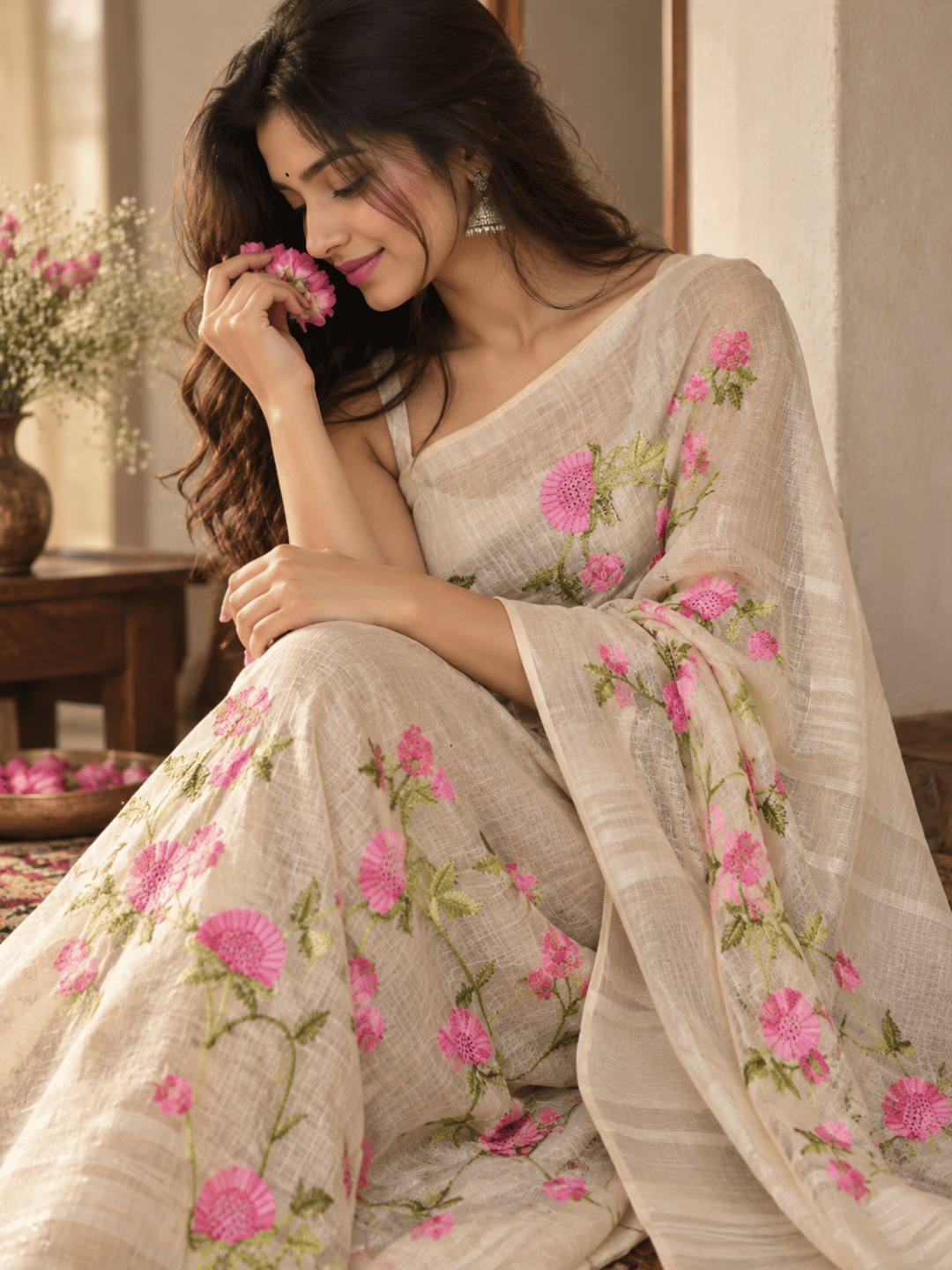 Limited Edit Embroidered Linen Saree | Beige