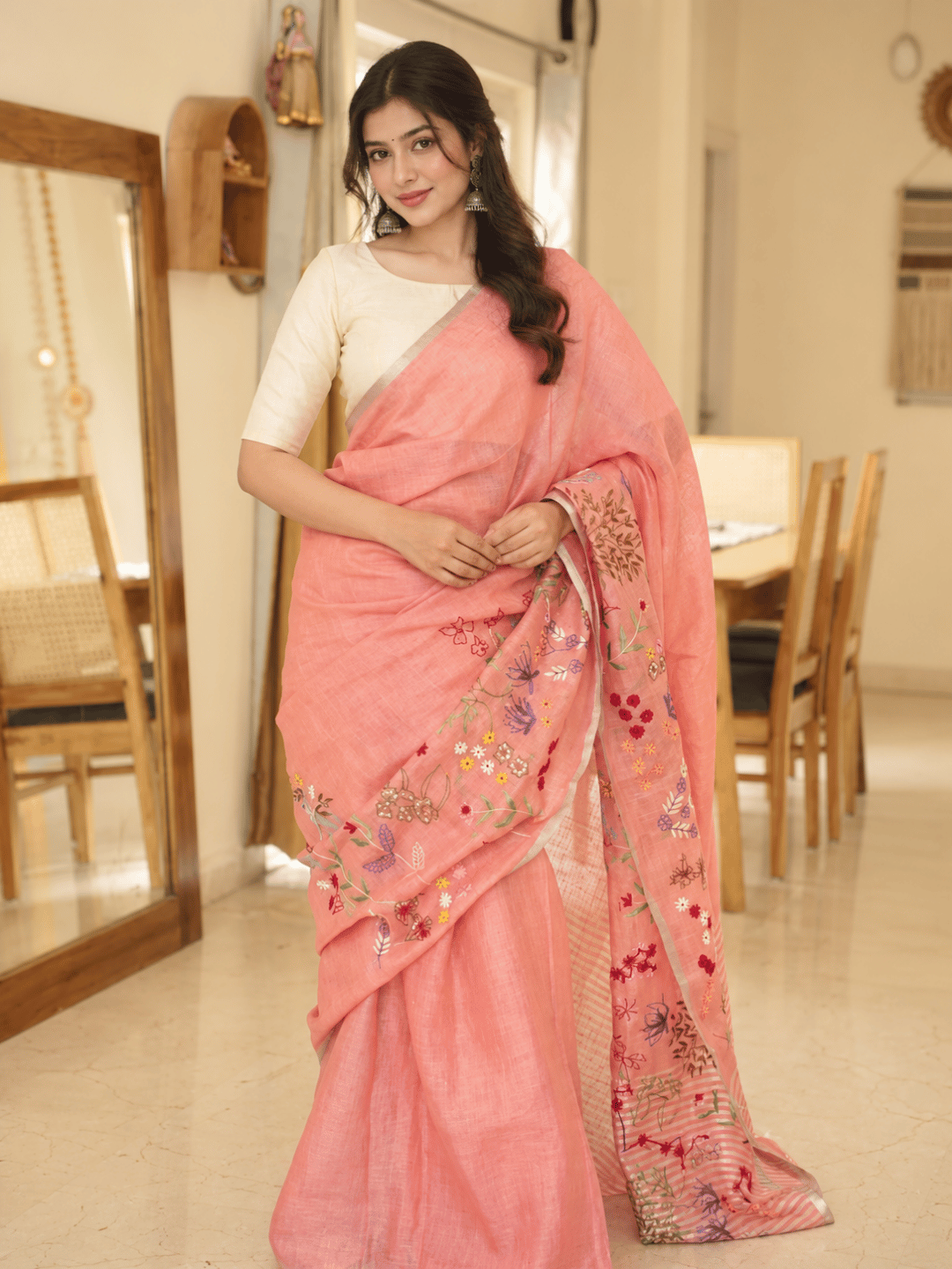 Limited Edit Embroidered Linen Saree | Orange