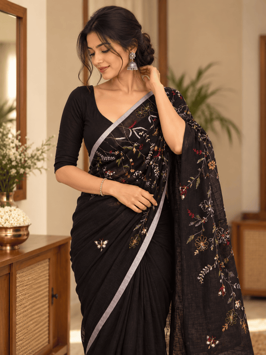 Limited Edit Embroidered Linen Saree | Black