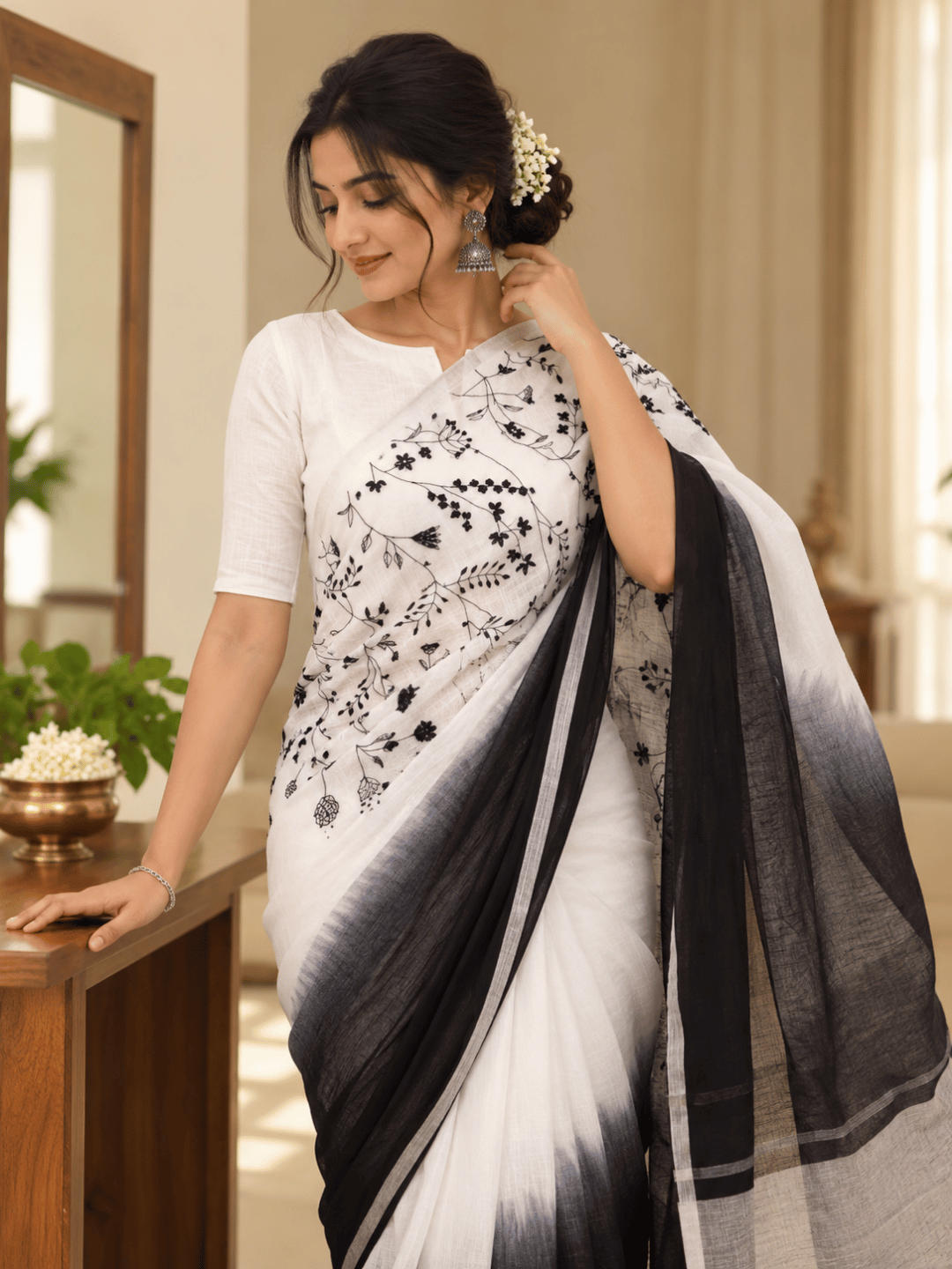 Limited Edit Embroidered Linen Saree | White